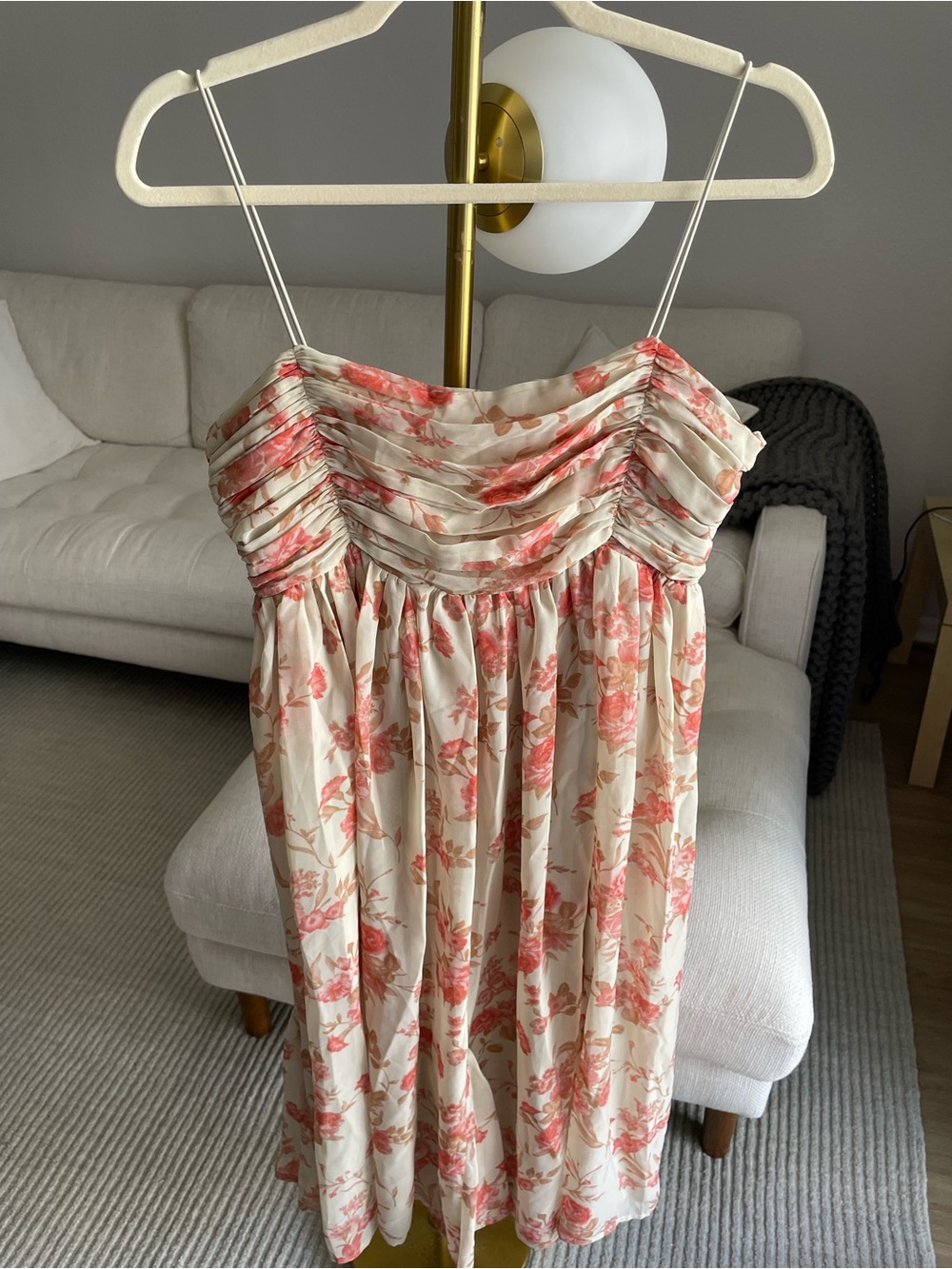 Floral Ruched Chiffon Midi Babydoll Dress Pink Light Beige
